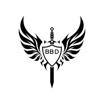 BBD "Warrior Shield and Sword Emblem with Wings Logo," BBD Later Logo, "Black Tribal Winged Sword Crest Vector,"
