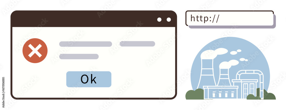 Poster browser window with error message and ok button beside a factory emitting smoke. ideal for environme