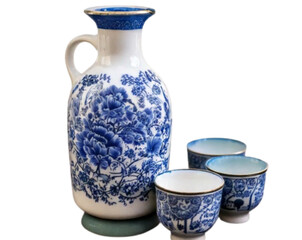 Elegant Japanese Porcelain Sake Set with Blue Floral Pattern PNG