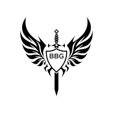 BBG "Warrior Shield and Sword Emblem with Wings Logo," BBG Later Logo, "Black Tribal Winged Sword Crest Vector,"
