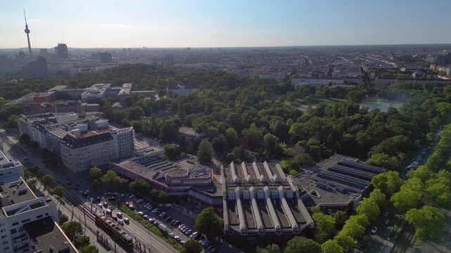 Sez Berlin city, Public Park Friedrichshain. Dramatic aerial view flight drone