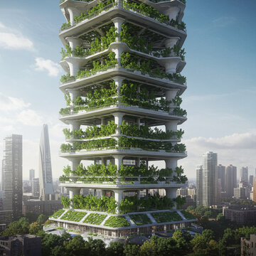 Photorealistic AI Tower Integrated with Vertical Farms: Sustainable Urban Future.
