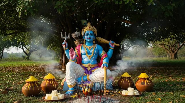 Balarama Jayanti Celebration Lord Balarama Statue with Puja Offerings under a Banyan Tree