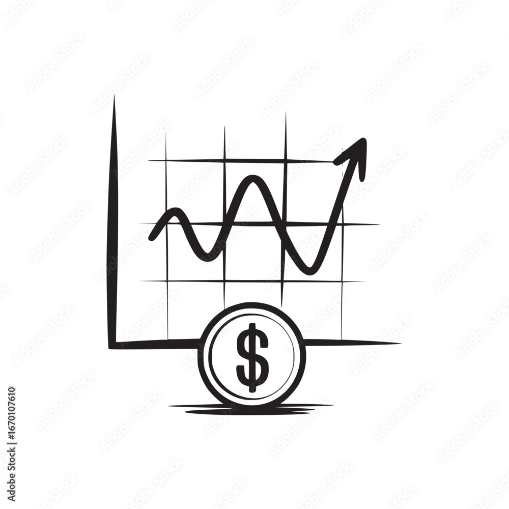 Poster black and white illustration of a dollar coin with an upward trending line graph on a grid pattern