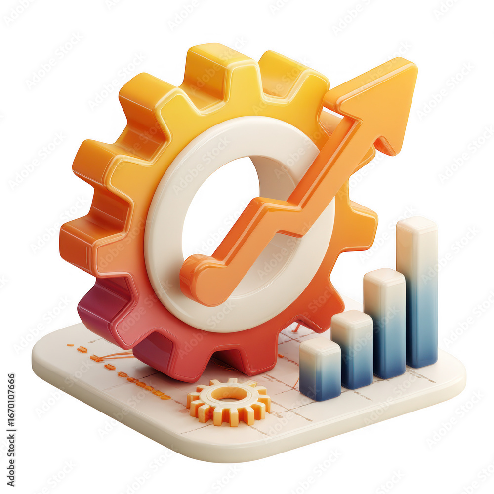 Poster 3d rendered gear with upward arrow and bar chart symbolizing business growth and efficiency isolated