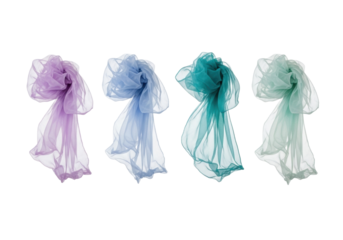 Four distinct, translucent silk chiffon formations in lilac, cerulean, teal, jade unfurling gracefully on a bright white studio background, high-key lighting. Concept of quiet meditation and organic