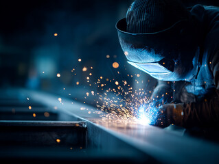 Skilled welder working on metal structure in industrial workshop at night producing bright sparks