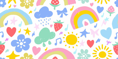 Cheerful Pastel Doodle Pattern with Rainbows Clouds Sun and Hearts