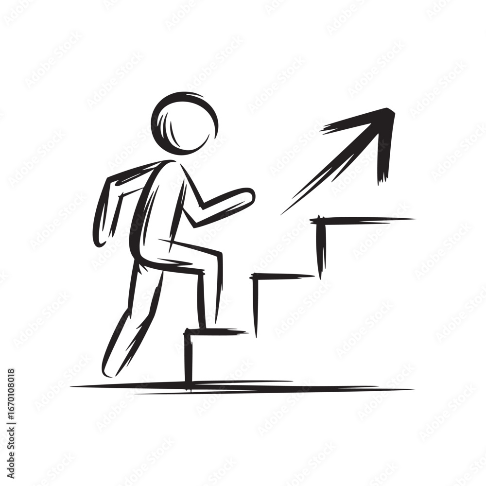 Poster a simple sketch of a stick figure climbing stairs with an arrow pointing upwards on a white backgrou