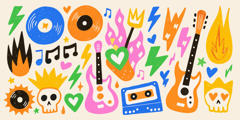 Rock and Roll Doodle Collection with Guitars Skulls and Flames illustration