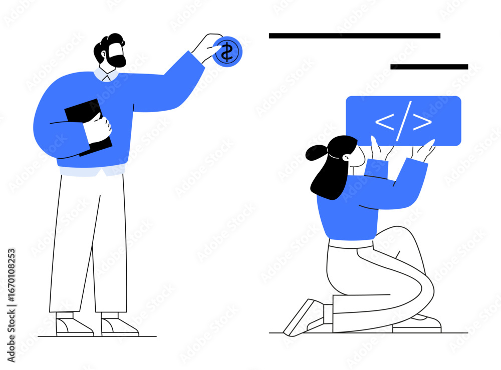Poster developer kneeling with code on a large screen, manager offering a dollar coin and holding a documen