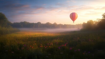 Obraz premium Scenic sunrise with hot air balloon over misty meadow full of wildflowers