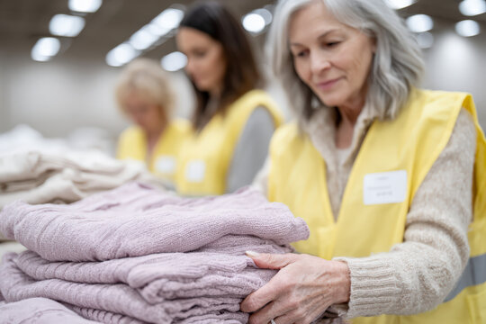 A group of diverse female volunteers, including a middle-aged woman with gray hair, sorts and folds blankets in a community center environment