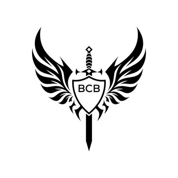 BCB "Warrior Shield and Sword Emblem with Wings Logo," BCB Later Logo, "Black Tribal Winged Sword Crest Vector,"
