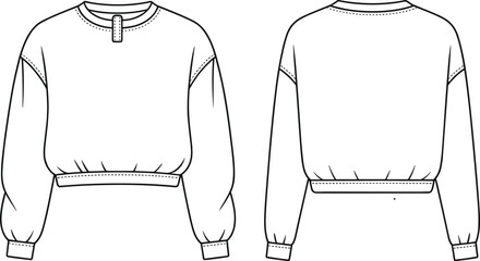 Cropped women’s sweatshirt fashion flat sketch, front and back view, technical drawing, long sleeve top, ribbed cuff hemline design