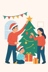 Flat vector illustration of a family decorating a Christmas tree with ornaments and gifts.