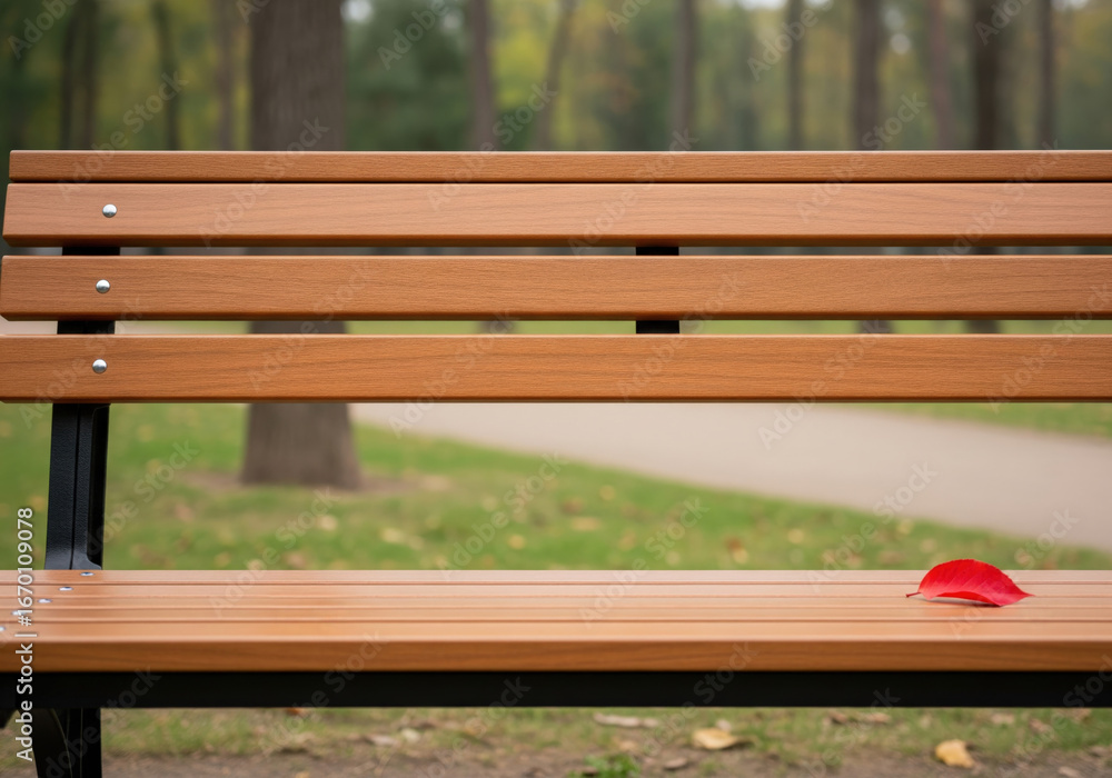 Poster a wooden park bench stands empty with a single red leaf resting on it, surrounded by lush greenery a