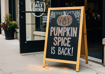 A chalkboard sign outside a coffee shop announces the return of pumpkin spice, decorated with autumn-themed illustrations, inviting passersby to enter and enjoy seasonal flavors