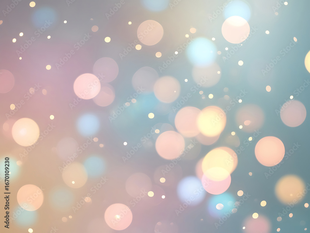Poster soft focus pastel bokeh lights with subtle white specks creating a magical and dreamy atmosphere.