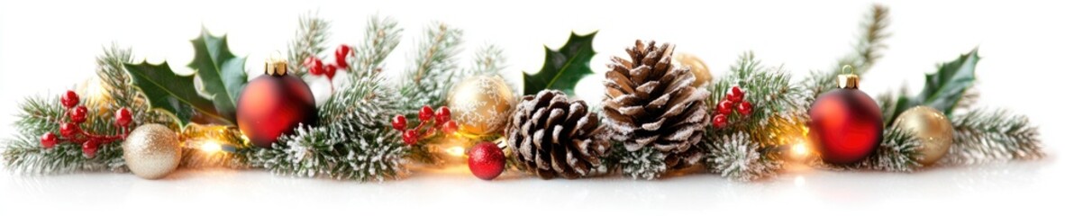 Fototapeta premium Festive holiday garland with ornaments, pinecones, and christmas lights on white background