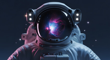 Macro View of an Astronaut Floating Near a Glowing Nebula, Suit Reflecting Vibrant Colors and Surrounded by Stars