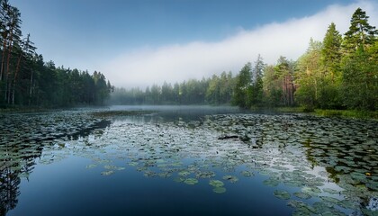 Fototapeta premium a tranquil forest lake surrounded by tall trees under a misty sky the serene atmosphere is complemented by the calm water surface covered with lily pads