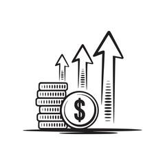 A stack of coins with a dollar sign and arrows pointing up indicating financial growth and success