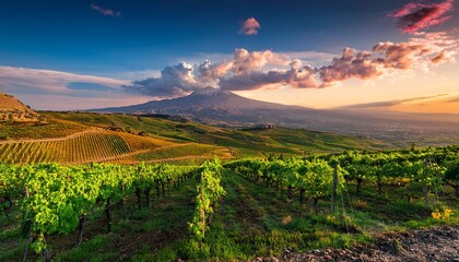 vibrant green vineyards stretch across the rolling hills of sicily with the majestic presence of mount etna in the background beneath a sky painted with fluffy clouds at sunset