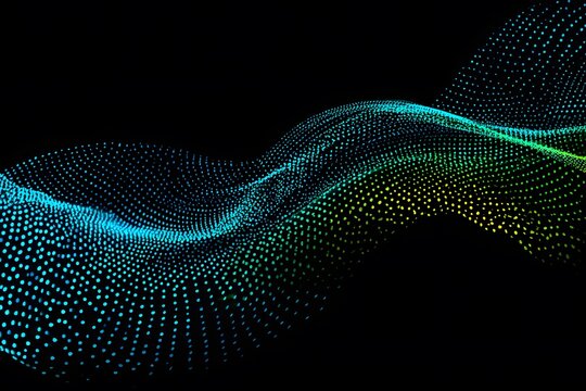 Abstract digital background with blue and green dots on a black canvas, creating wavy lines that form the shape of an abstract wave.  - Powered by Adobe