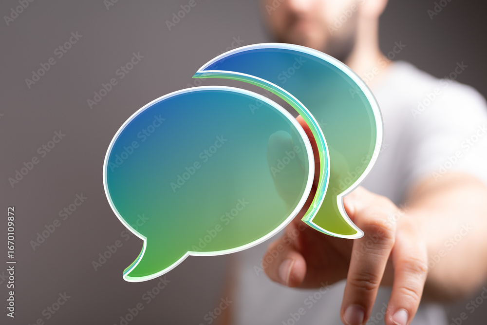 Aufkleber image of a man interacting with digital speech bubbles, representing communication and connection.