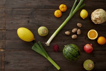 Fresh fruits and vegetables arranged on dark wooden background top view