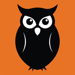 A black owl with big eyes and a white background