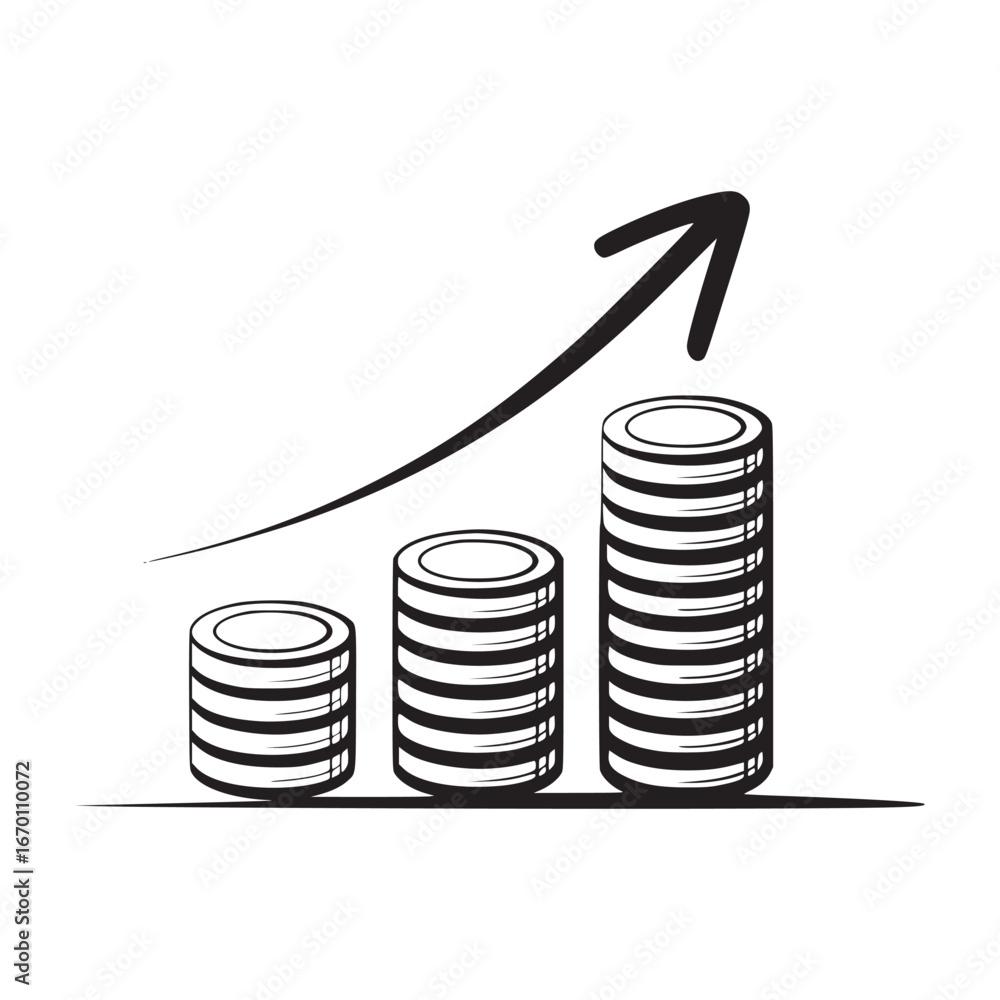 Aufkleber illustration of stacked coins increasing in height with an arrow pointing upward to the right side