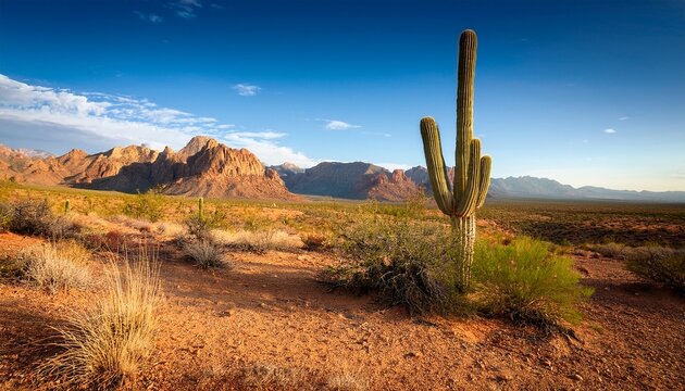 serene desert landscape featuring a single cactus against a stunning mountain backdrop