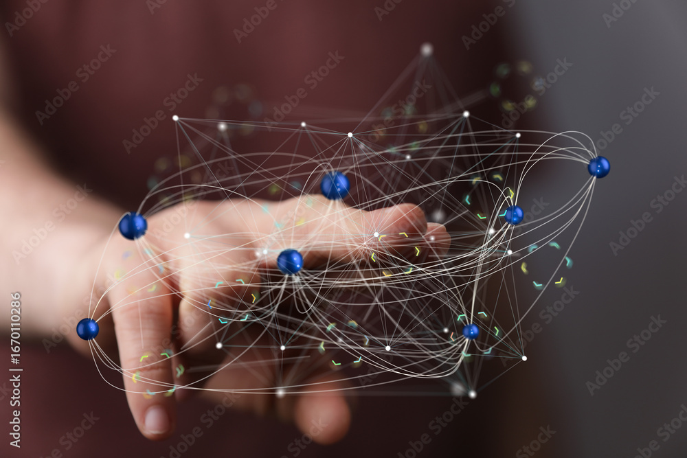 Poster hand interacting with a digital network, showing connections and data flow. perfect for tech, commun