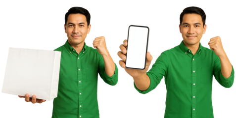 Man in green shirt holding shopping bag and smartphone with blank screen isolated on transparent background