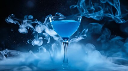 A captivating blue cocktail, exuding an enigmatic aura amidst swirling cool mist and shadowy depths, perfect for a mysterious evening or a chic celebration