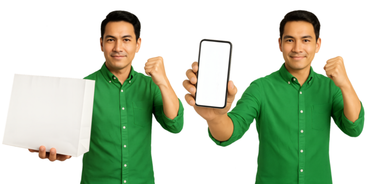 Man in green shirt holding shopping bag and smartphone with blank screen isolated on transparent background