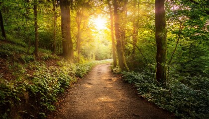 Obraz premium enchanted forest pathway with colorful blooms bathed in soft natural light