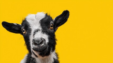 Obraz premium Black and White Goat Portrait – Close-Up on Vibrant Yellow Background with Curious Expression