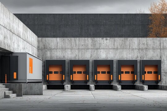 Modern industrial loading dock in urban setting under a cloudy sky