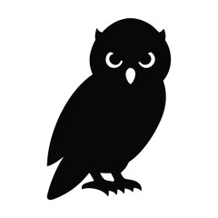 A black owl with big eyes and a white background