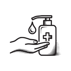 Hand using sanitizer dispenser with drop and cross symbol in a black and white line drawing style