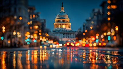 Fototapeta premium Sharp, photorealistic image displays neatly stacked golden coins in the foreground. The Capitol building is illuminated but out of focus against a deep blue evening sky.