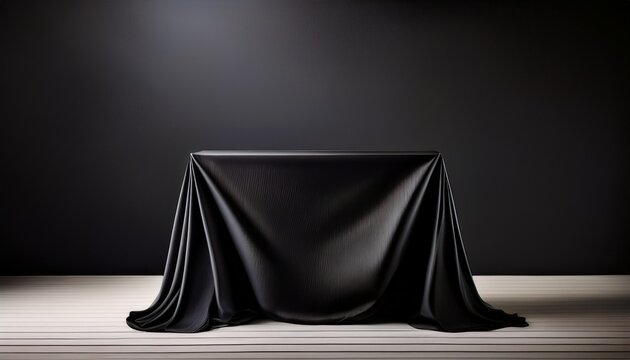 elegant black tablecloth gracefully drapes a display table ideal for product showcases events or sophisticated presentations on a dark background