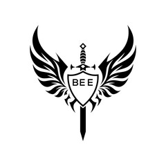 BEE "Warrior Shield and Sword Emblem with Wings Logo," BEE Later Logo, "Black Tribal Winged Sword Crest Vector,"
