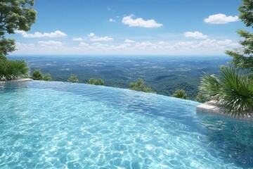 Scenic mountain view from a stunning infinity pool on a bright sunny day