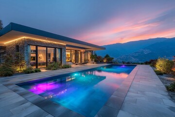 Fototapeta premium Sunset view of modern house with pool and colorful lights in a mountainous area