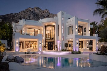 Luxury modern villa with pool and mountain backdrop during twilight hours
