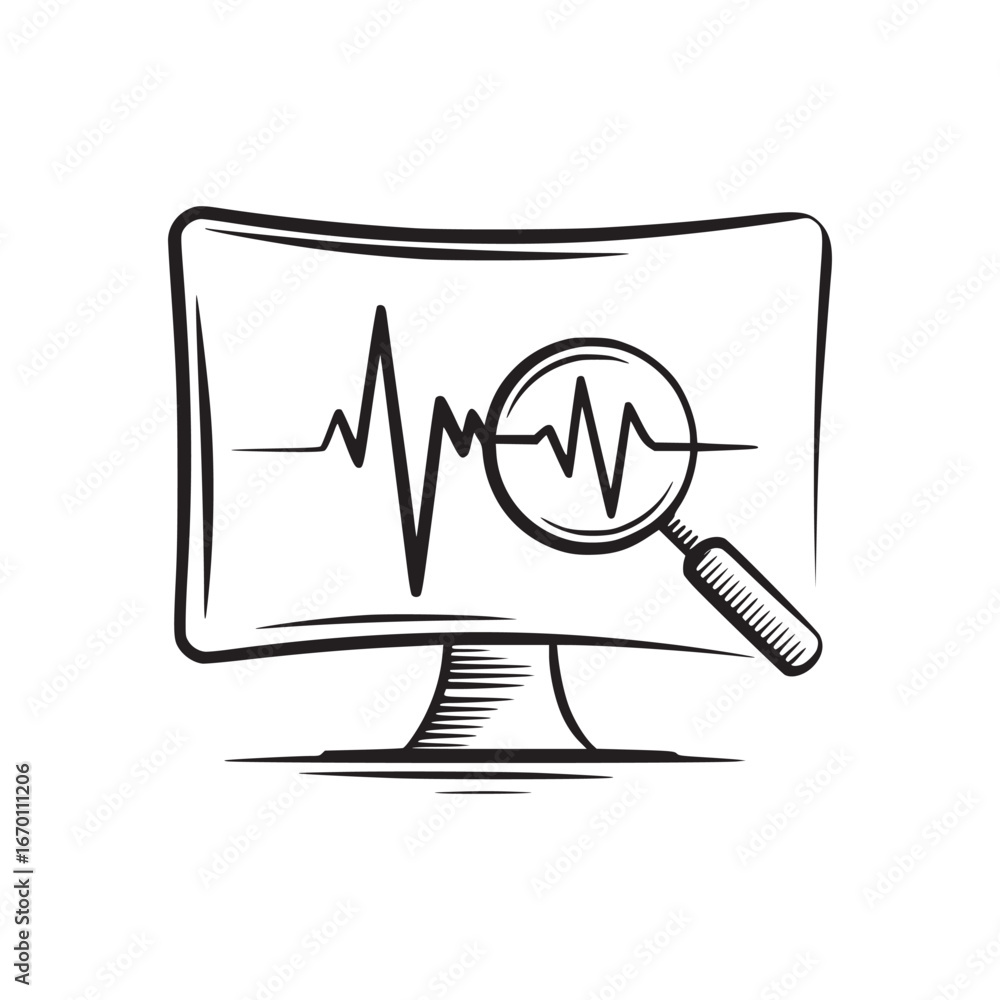 Aufkleber illustration of a computer monitor displaying a waveform with a magnifying glass overlaying it